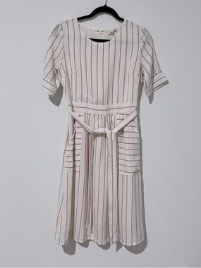 orange creek striped dress Orange Creek Navy White Striped Midi Dress Faux Button Front Short Sleeves Sz S